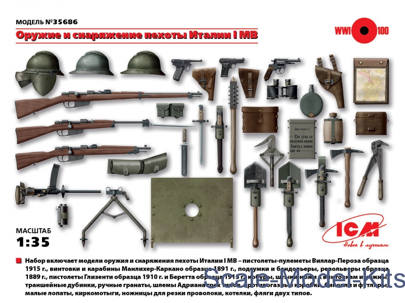 ICM 35686 WWI Italian Infantry Weapon and Equipment 1/35 scale model kit 50 mm 